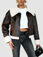 Women’s cropped aviator faux leather jacket, white sherpa collar and cuffs, front pockets
