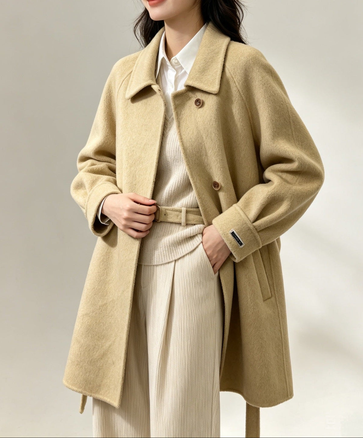 Camel wool coat with a button front, raglan sleeves and tied belt, worn open