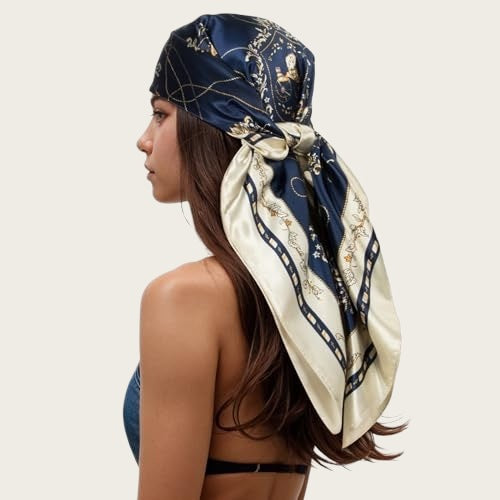Navy satin square scarf head wrap with gold chain and scroll paisley print