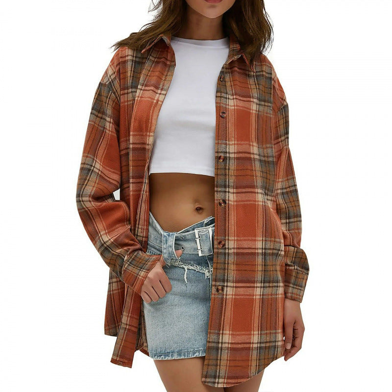 Plaid button-down shirt in rust and tan, oversized fit with front button closure