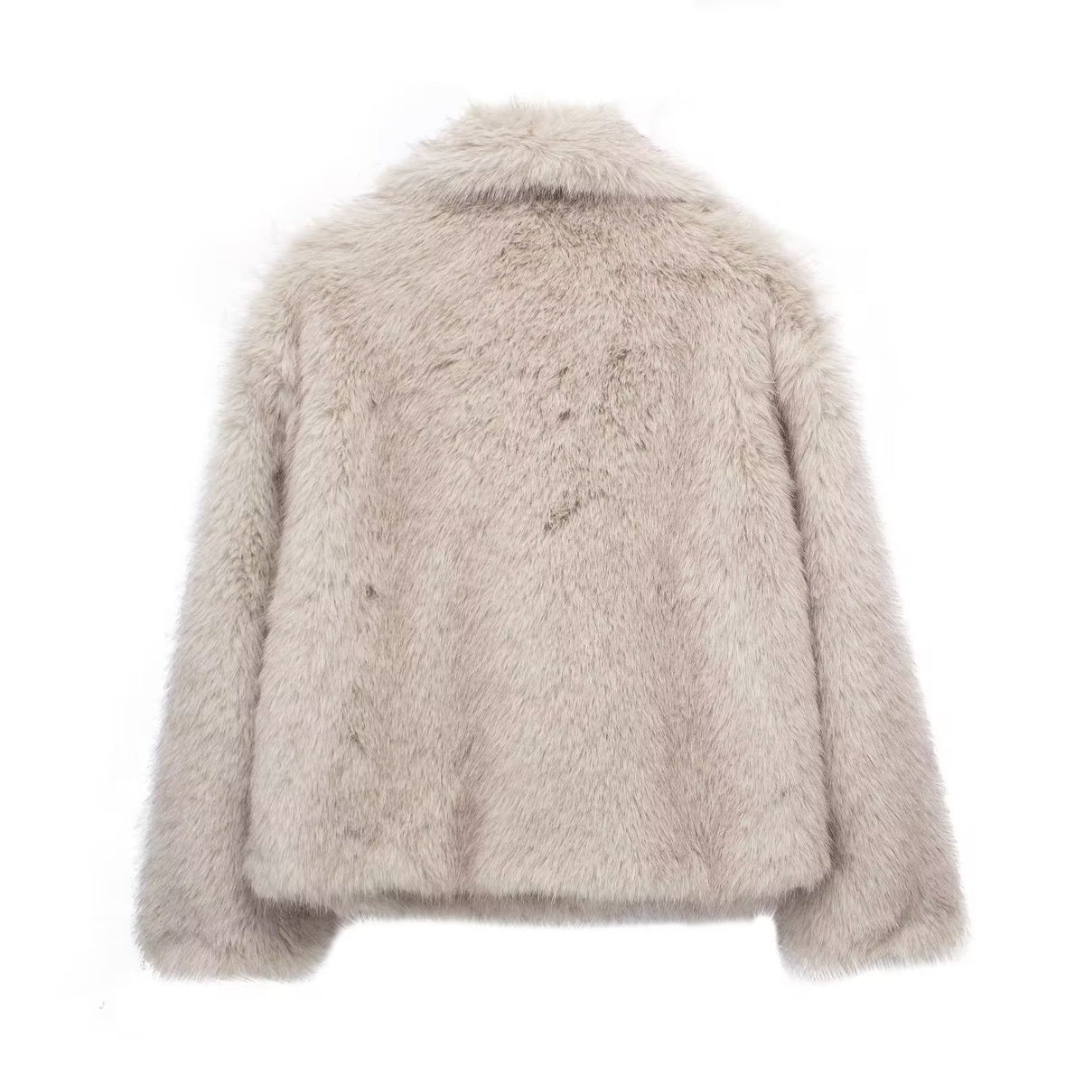 Light beige cropped faux fur jacket with long sleeves and stand collar.