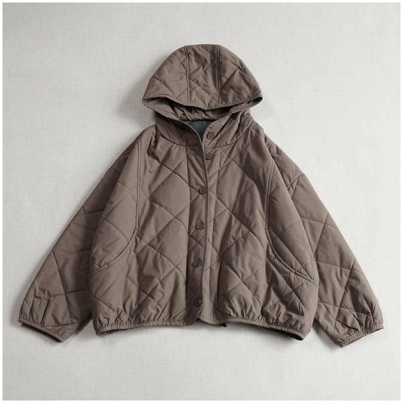 Women’s quilted hooded cropped jacket, taupe with button front and diamond stitching