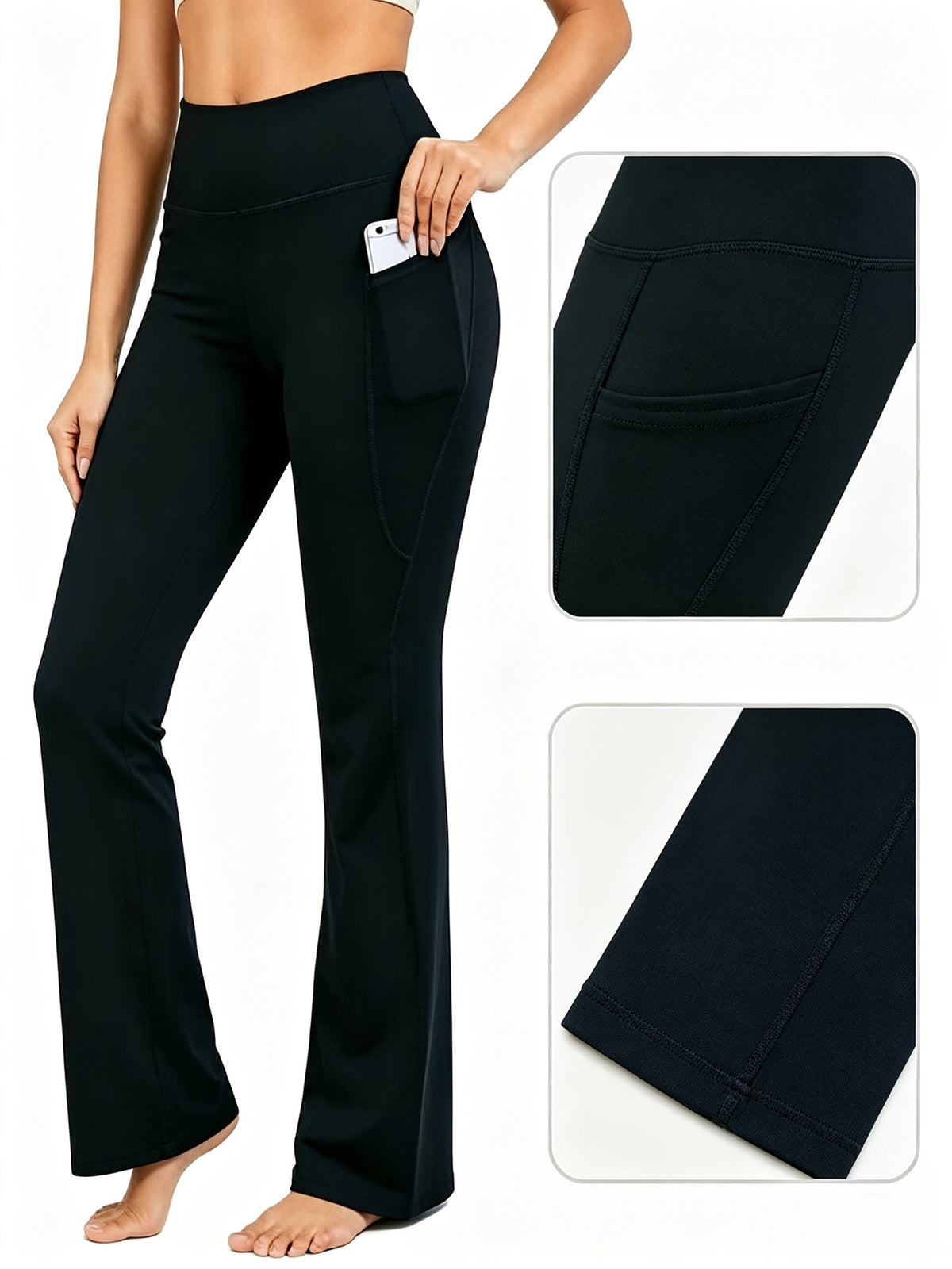 Black high-waisted flare yoga pants; side phone pocket shown in close-ups