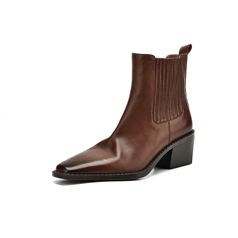 Brown leather Chelsea ankle boots with square toe, side elastic, and block heel