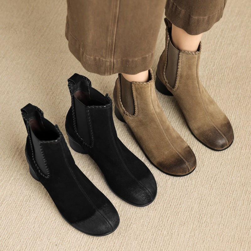 Women’s black suede ankle boots, round toe, slip-on with chunky heel and elastic gore