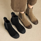 Women’s black suede ankle boots, round toe, slip-on with chunky heel and elastic gore