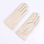 Women's cream leather winter gloves pair, fleece-lined, three-panel stitched design