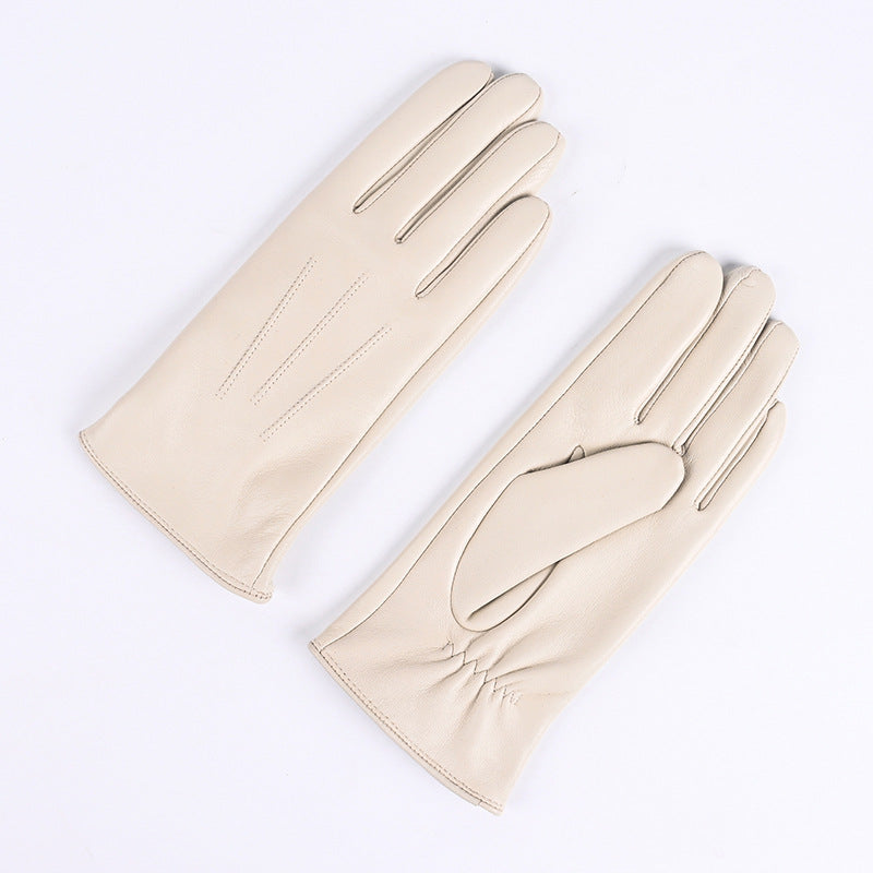Women's cream leather winter gloves pair, fleece-lined, three-panel stitched design