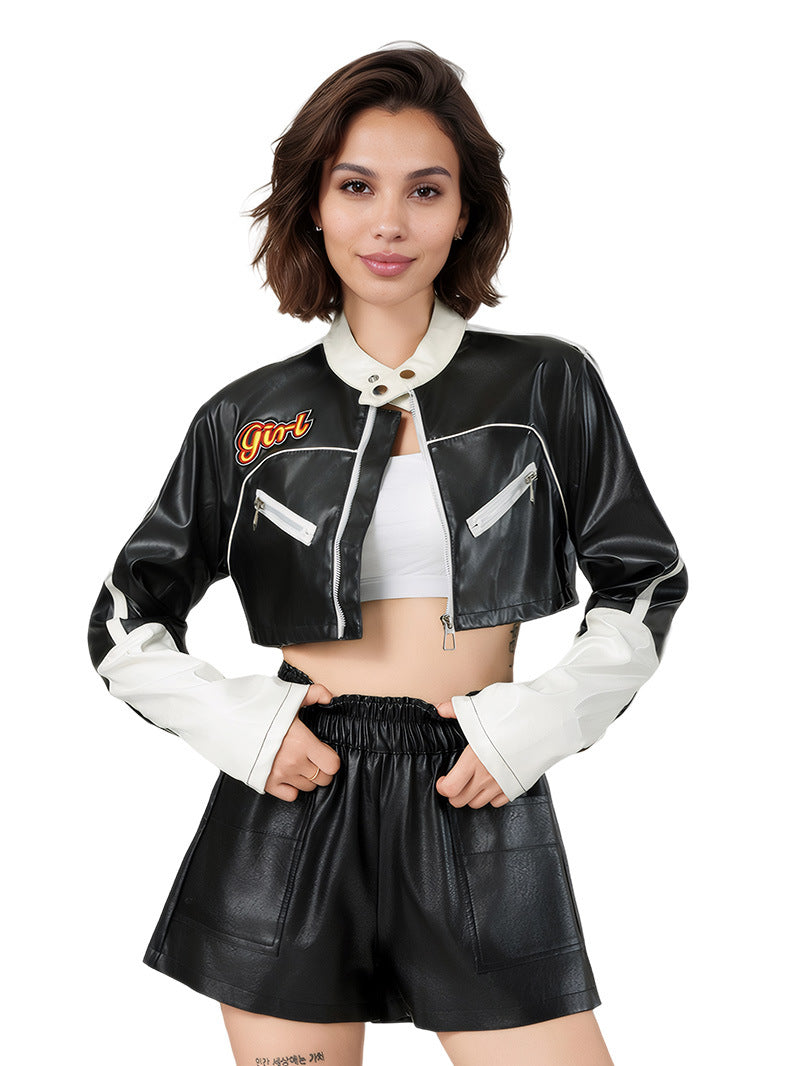 Cropped faux leather racer jacket with contrast trim, front zip, and two zip pockets