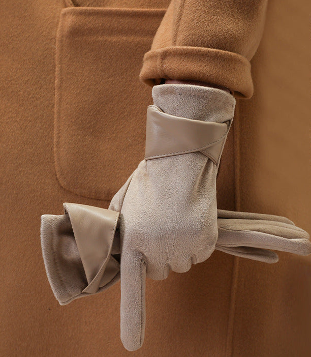 Women’s beige velvet gloves with stitched cuff and finger panel seams