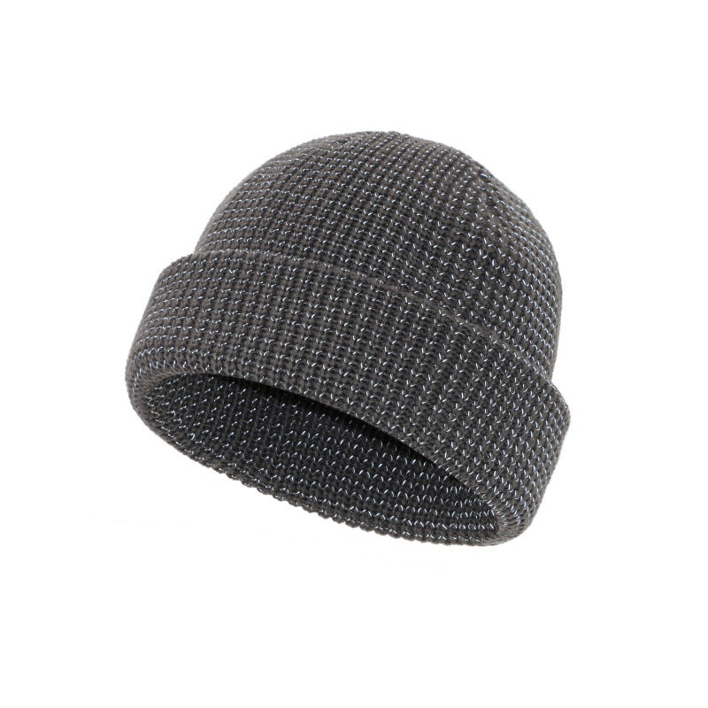 Dark gray reflective waffle-knit fisherman beanie with folded cuff