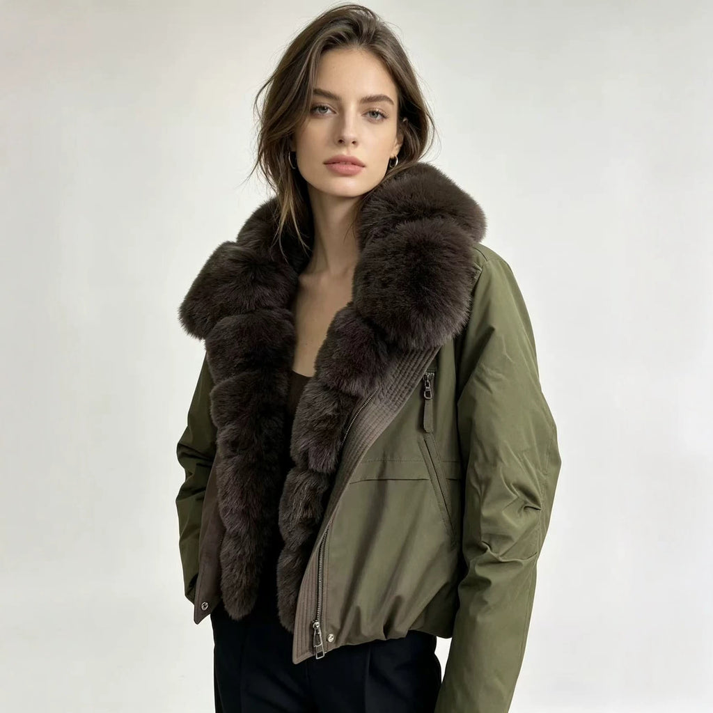 Cropped bomber jacket with faux fur collar, olive green nylon, front zipper and pockets