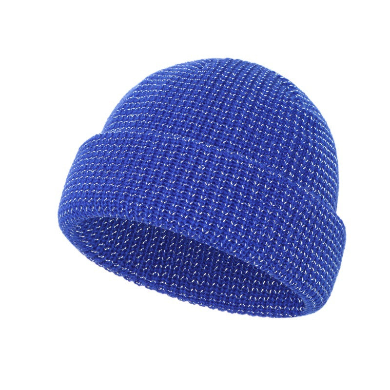 Blue reflective waffle-knit fisherman beanie with folded cuff