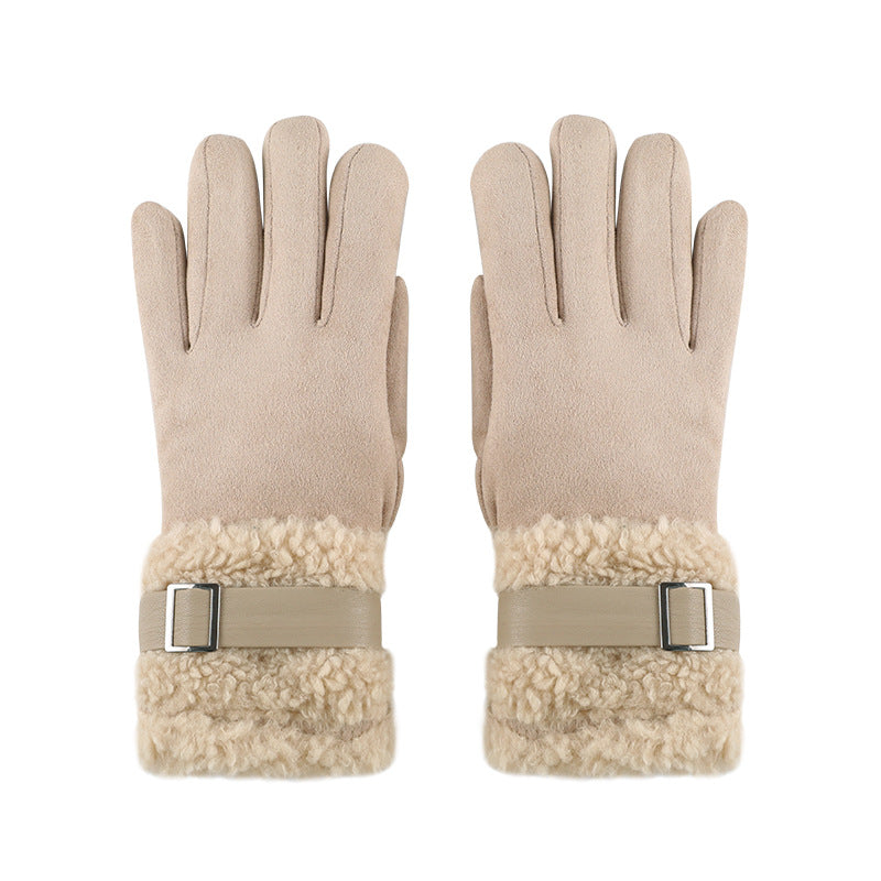 Women's beige suede winter gloves with sherpa cuffs and adjustable square buckle strap