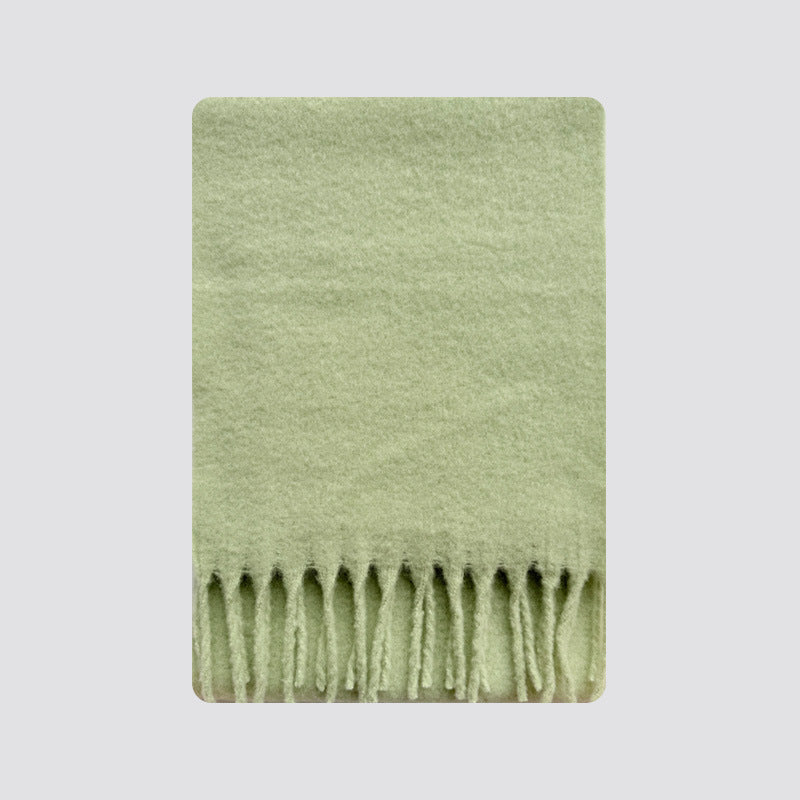 Wool blend fringe scarf swatch, sage green with long tassel fringe