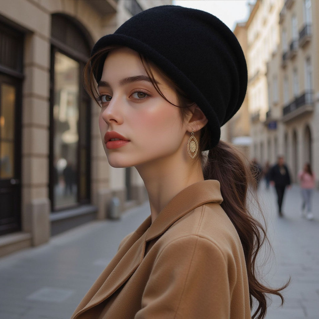 Women’s knitted beanie hat in black, folded cuff and soft knit texture.