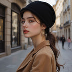 Women’s knitted beanie hat in black, folded cuff and soft knit texture.