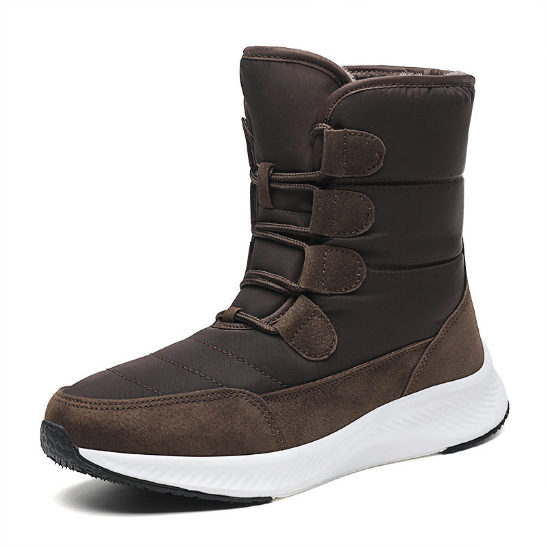 Women's fleece-lined snow boots, brown high-top with hook-and-loop straps and textured suede toe