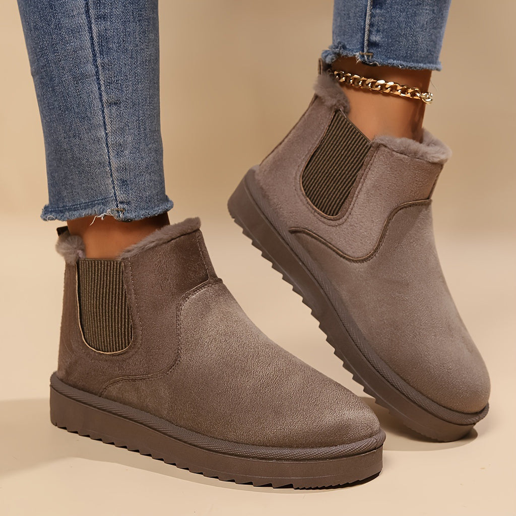 Fur-lined slip-on snow boots, taupe faux suede with elastic side panels