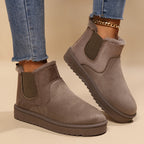 Fur-lined slip-on snow boots, taupe faux suede with elastic side panels