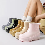 Women's glossy ankle rain boots in mixed colors, chunky platform pull-on style