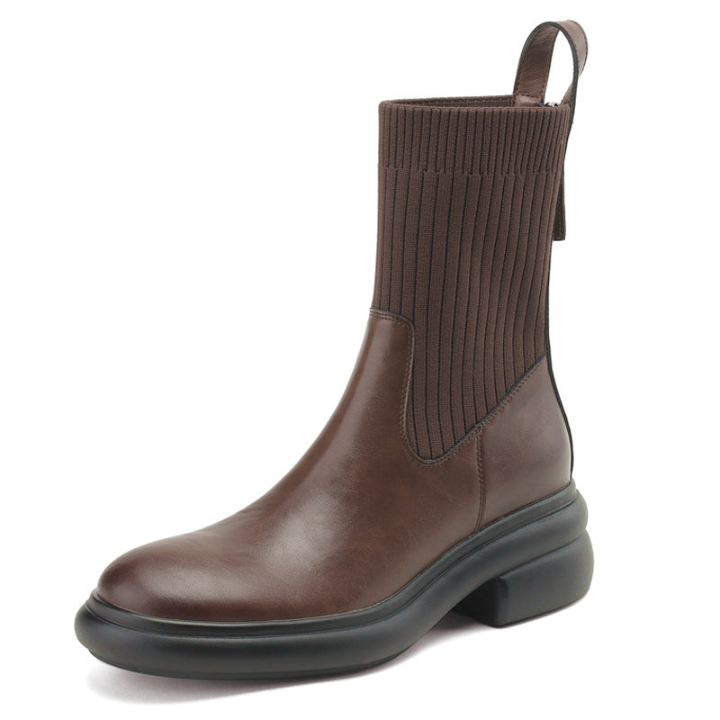 Women's brown leather sock boots with ribbed knit shaft and thick platform sole