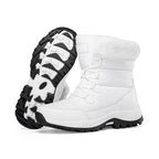 White faux fur lined lace-up snow boots with rugged tread sole, side view.