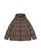 Women's hooded puffer jacket, dark brown, front view with full-zip and hood