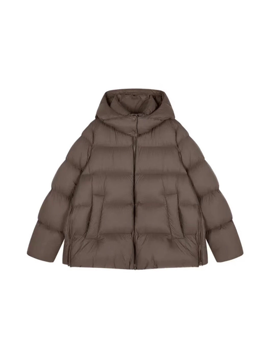 Women's hooded puffer jacket, dark brown, front view with full-zip and hood