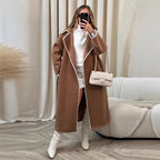 Brown long open-front wool coat with contrast stitched trim, oversized fit