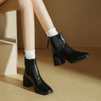 Women’s leather Chelsea ankle boots with square toe, stacked block heel, back zip
