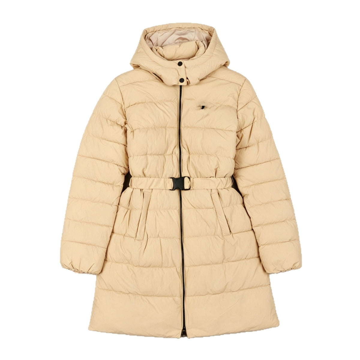Women's long hooded belted quilted puffer coat in khaki with front zipper