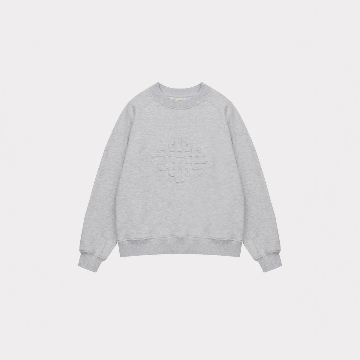 Gray women’s crewneck sweatshirt with embossed geometric logo on the chest