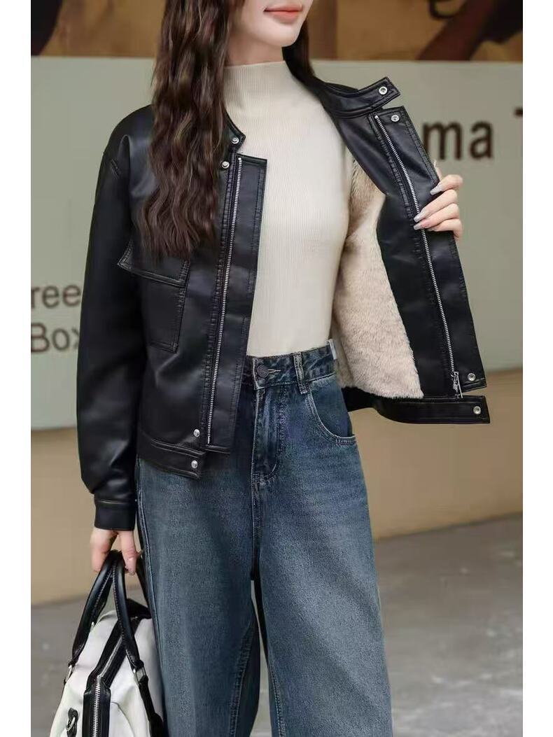 Black cropped faux leather jacket with open front, snap placket, and flap pockets