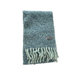 Boucle knit scarf, turquoise with long fringe tassels and small logo patch