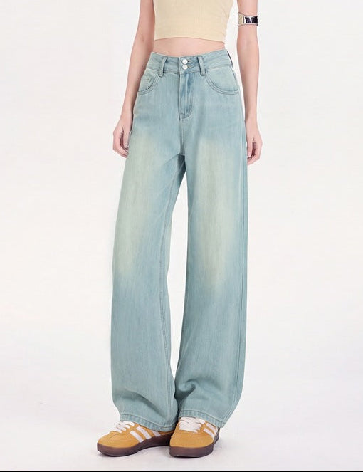 Women's wide-leg jeans, light blue-green wash, high rise with button fly and back pockets