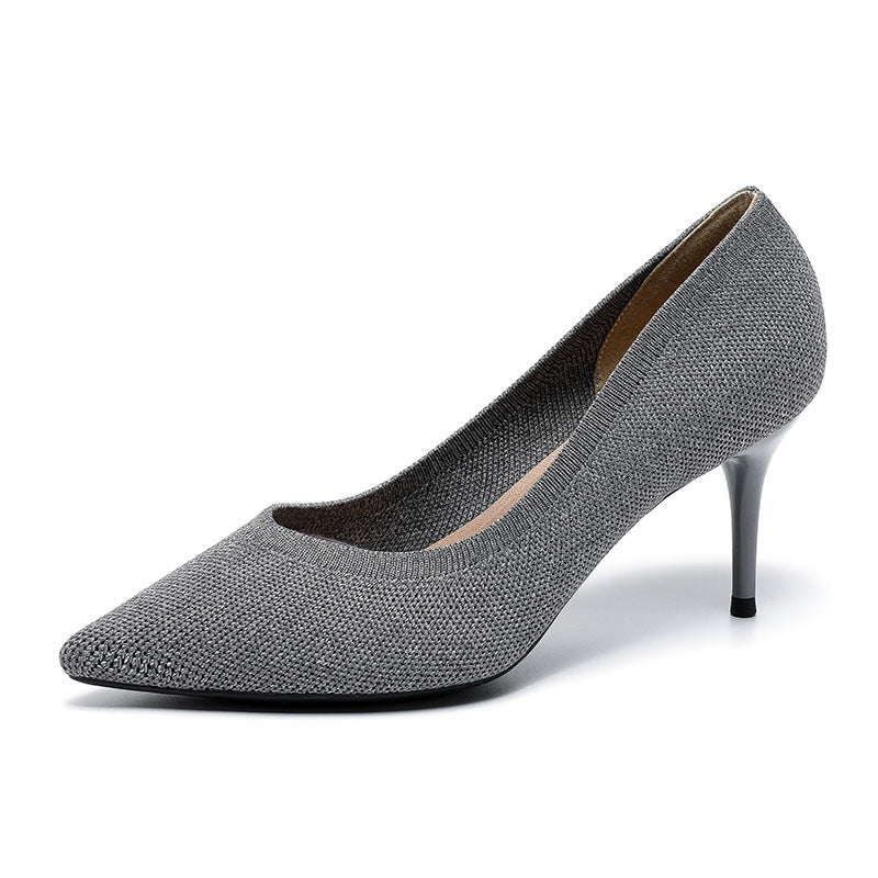 Women's pointed-toe knit stiletto pumps, gray, side view