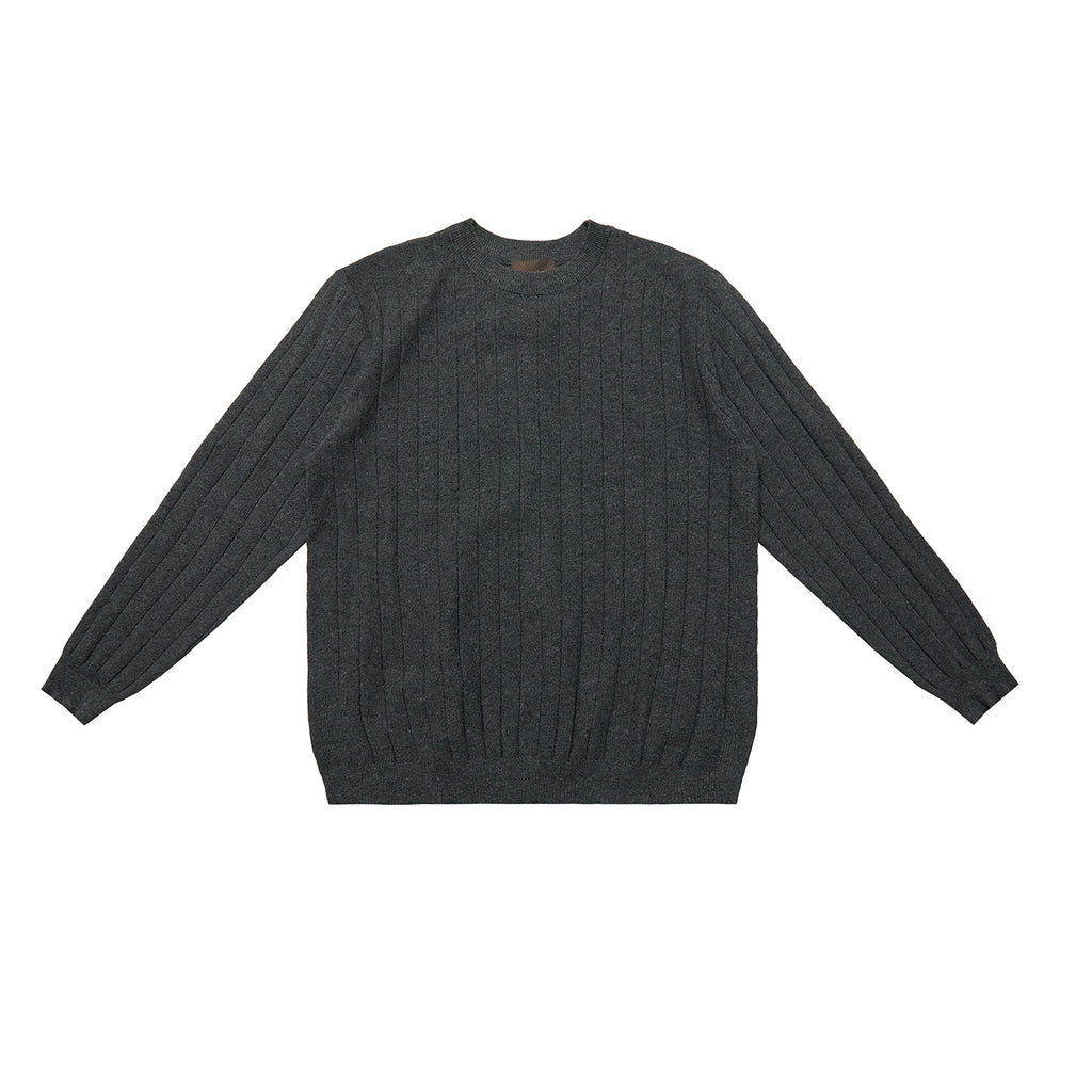 Dark gray ribbed crew neck sweater, long sleeves, relaxed fit, banded cuffs