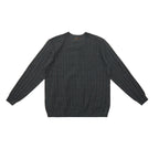 Dark gray ribbed crew neck sweater, long sleeves, relaxed fit, banded cuffs