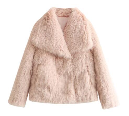 Pink cropped faux fur jacket with plush oversized collar and long sleeves.