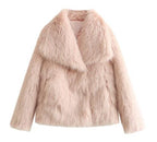 Pink cropped faux fur jacket with plush oversized collar and long sleeves.