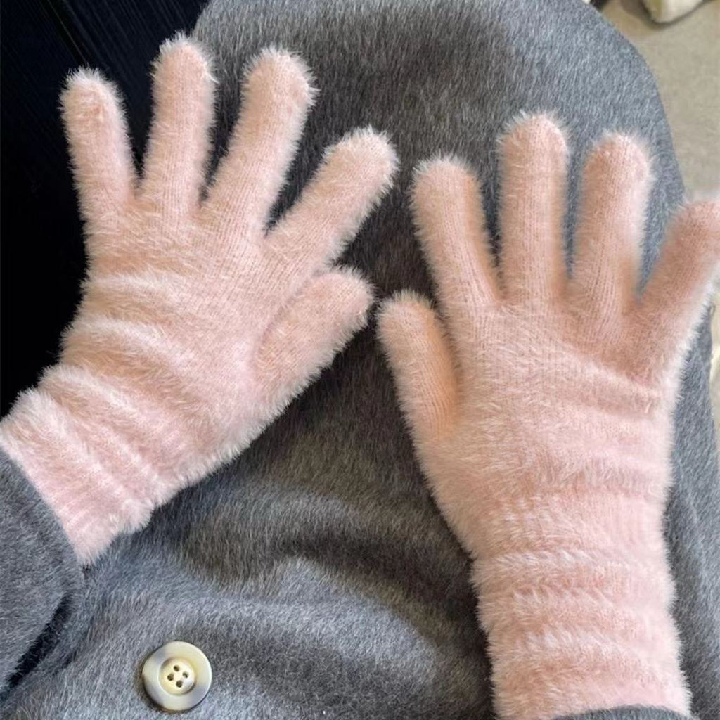 Light pink plush winter gloves with fuzzy five-finger design