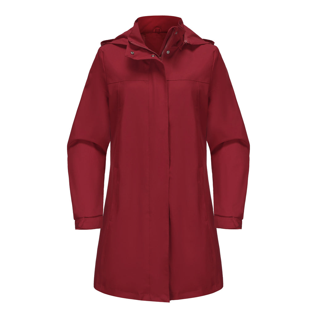 Red hooded long rain jacket with front zipper and snap button storm flap.