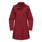 Red hooded long rain jacket with front zipper and snap button storm flap.