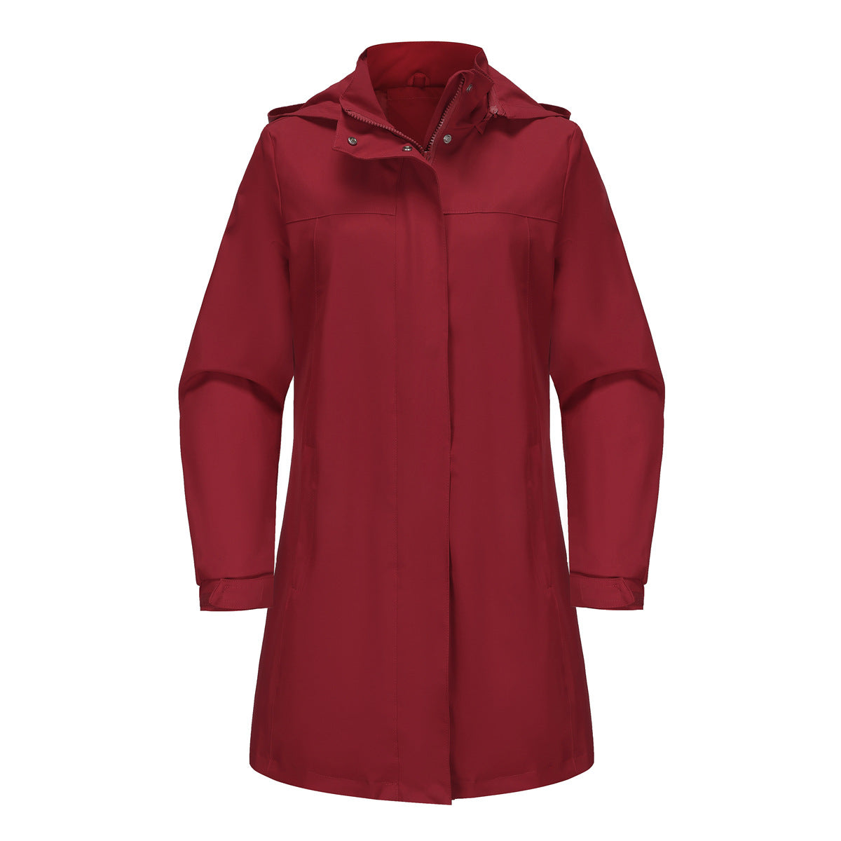 Red hooded long rain jacket with front zipper and snap button storm flap.