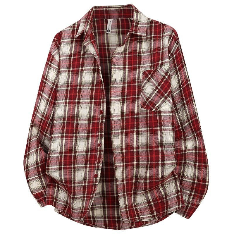 Women's red plaid button-down shirt with chest pocket and long sleeves