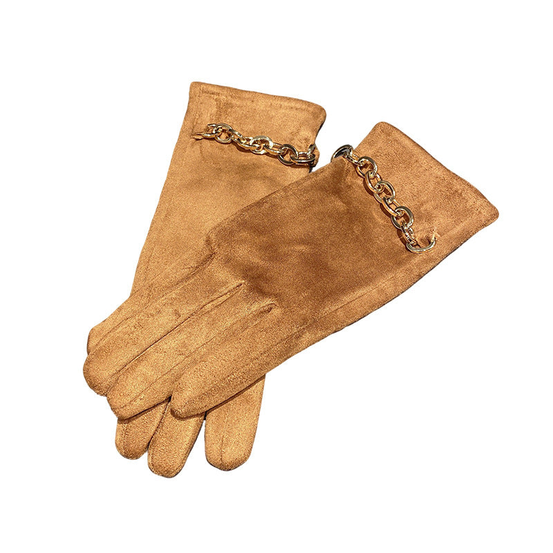 Camel faux suede gloves with gold chain-link cuffs, full-finger pair