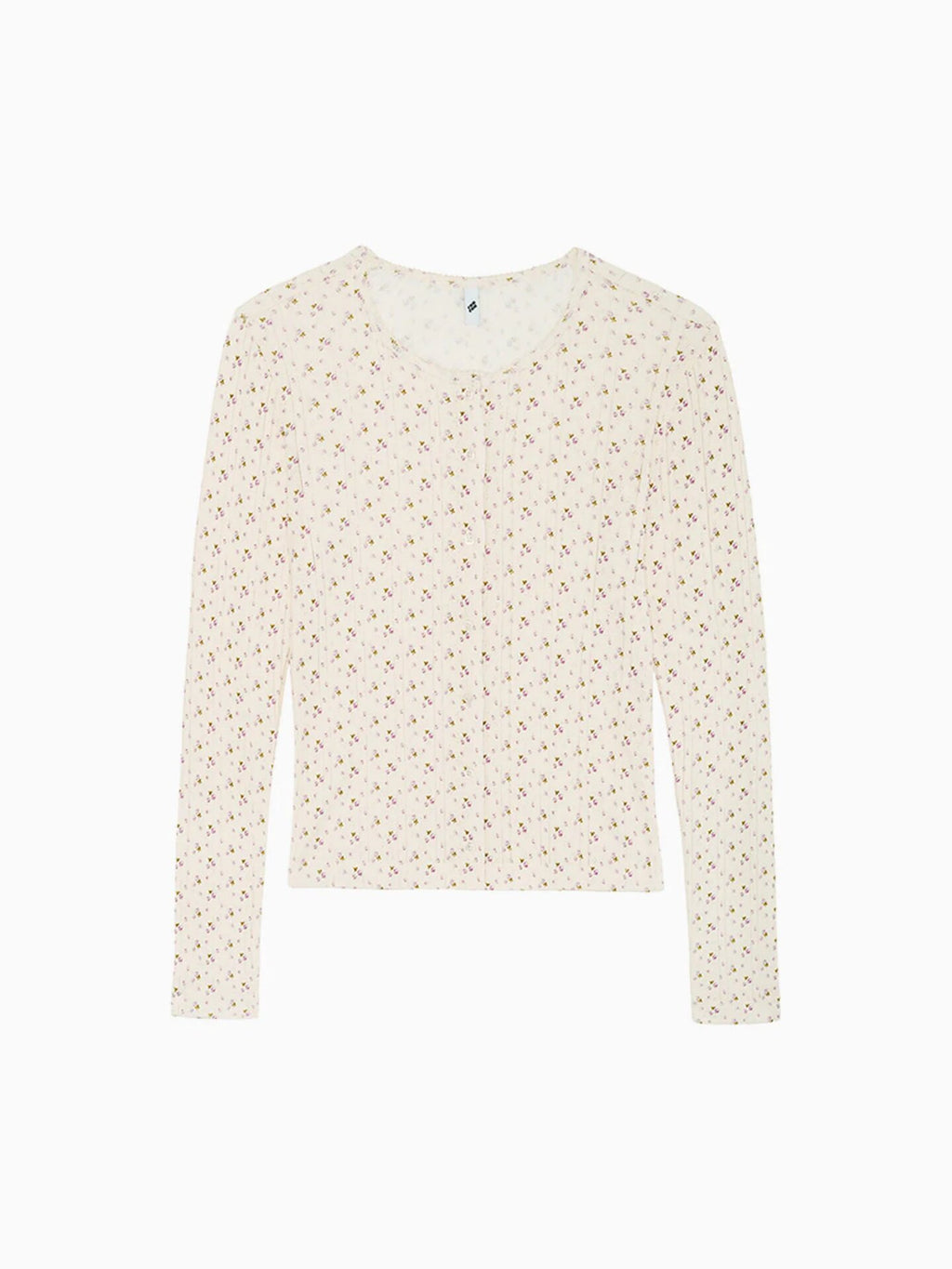 Cream knit cardigan with tiny floral speckle, button front and crew neck