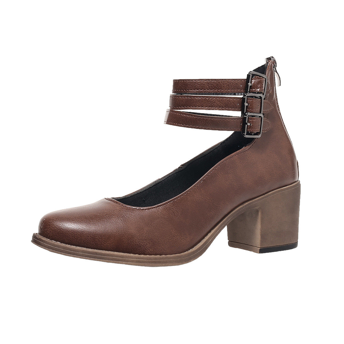 Dark brown closed-toe block heel ankle boots with ankle strap buckle