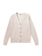 Cream wool V-neck cardigan sweater with button front, long sleeves